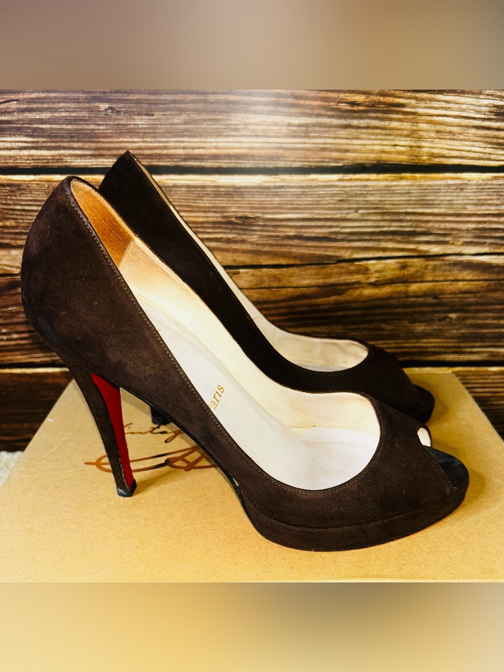 Christian Louboutin Brown Suede Peep-Toe Pumps with Red Soles